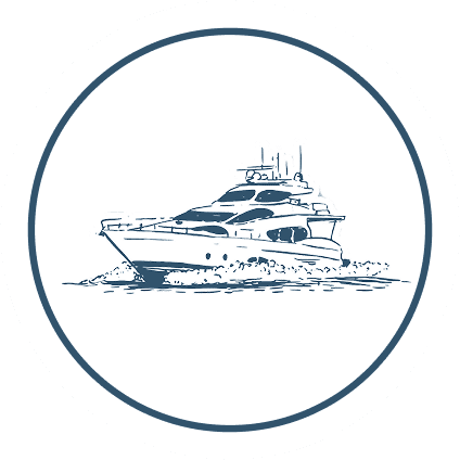 Illustration of a yacht inside circular frame.
