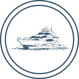Illustration of a yacht inside circular border.