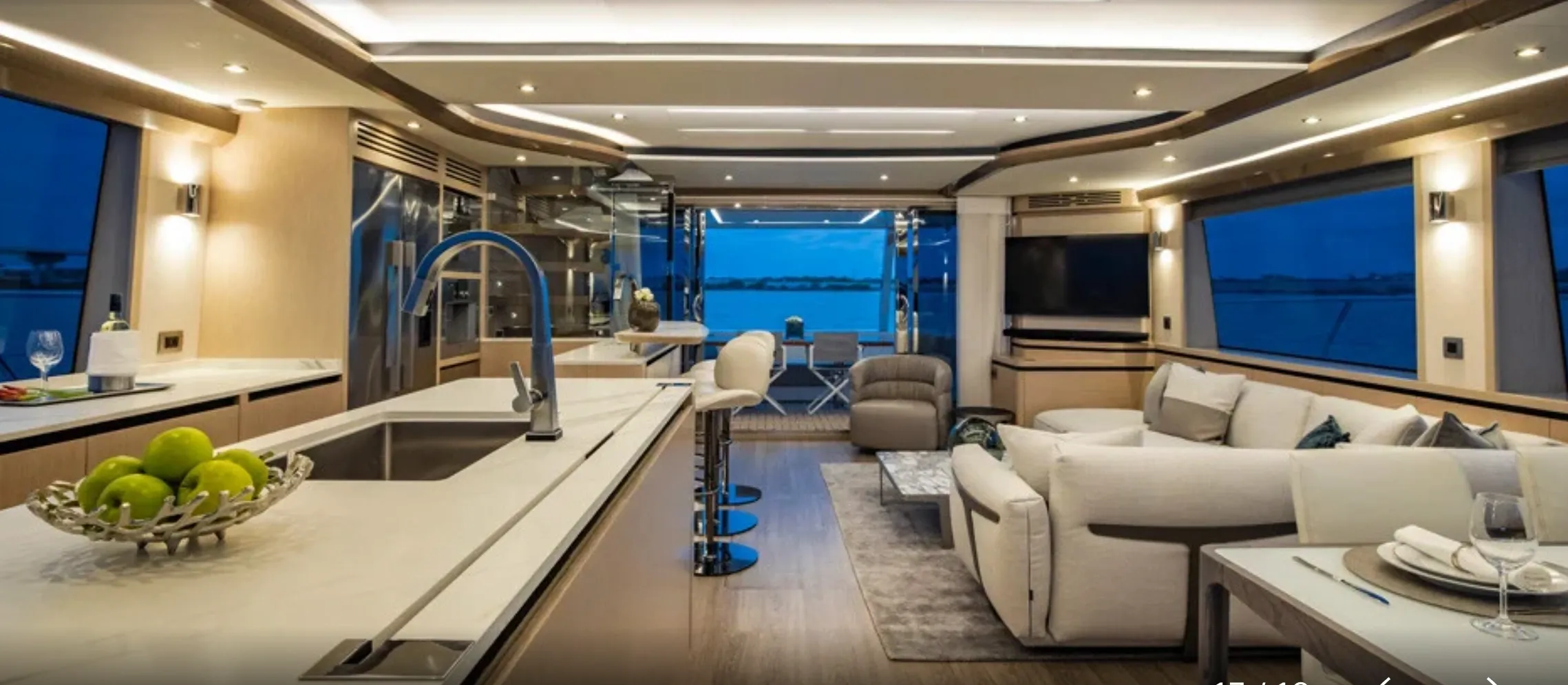 Luxurious yacht interior with modern furnishings.